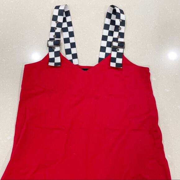 Lazy Oaf Checkered Buckle-Strap Pinafore Dress Red Black White XS - Picture 4 of 10